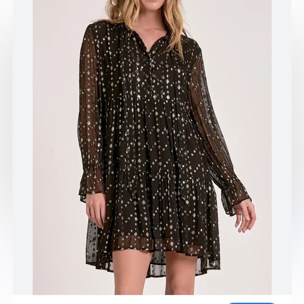 Elan Maria v-neck Black and Gold Polka Dot Dress